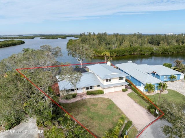 birds eye view of property featuring a water view