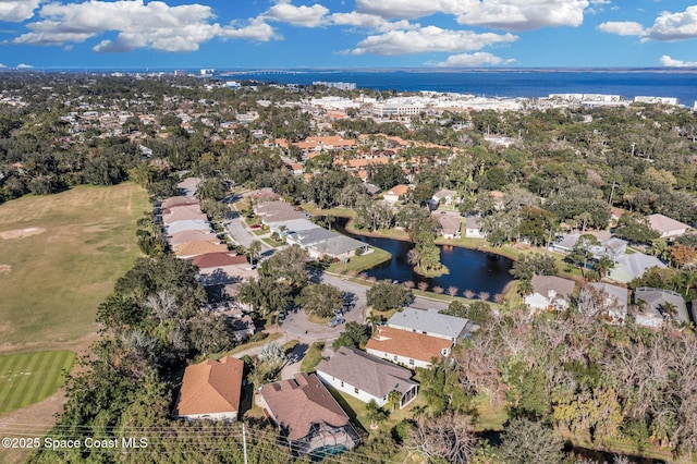 drone / aerial view featuring a water view