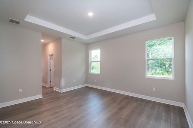 empty room with a raised ceiling and dark wood-type flooring