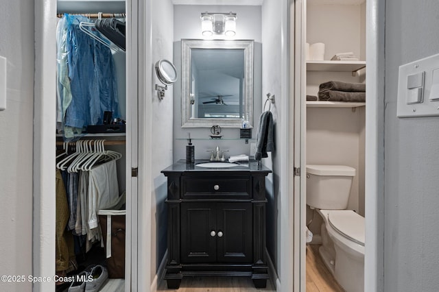 bathroom featuring hardwood / wood-style floors, vanity, and toilet