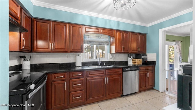 kitchen with dishwasher, electric range oven, decorative backsplash, and sink