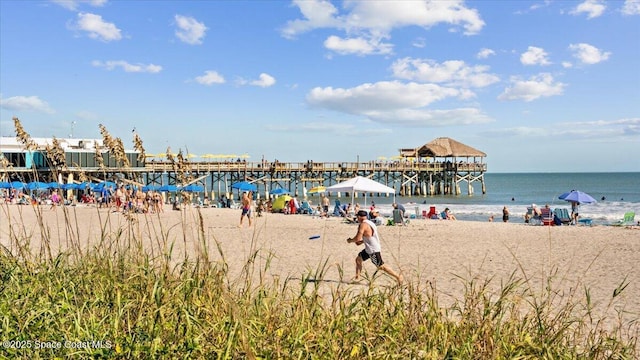 view of water feature with a beach view