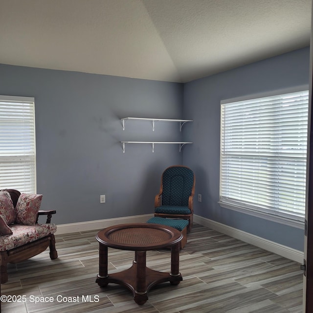 sitting room featuring light hardwood / wood-style floors, a healthy amount of sunlight, and lofted ceiling