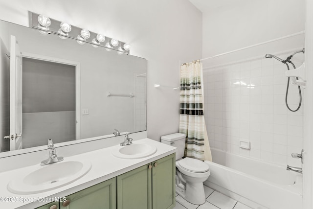 full bathroom featuring vanity, shower / bath combination with curtain, tile patterned floors, and toilet