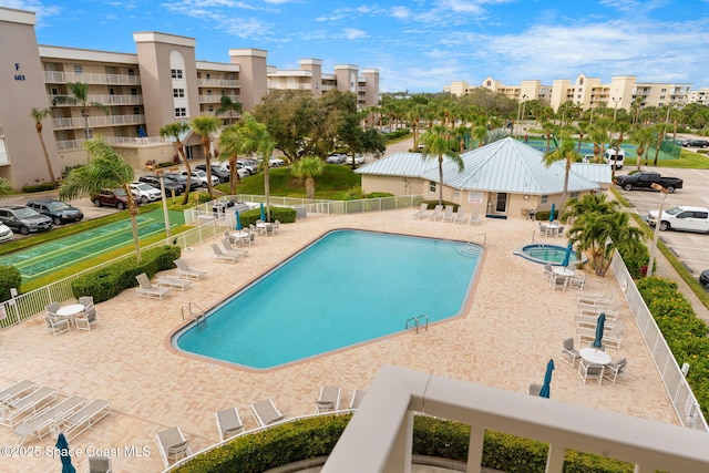 view of pool featuring a hot tub and a patio