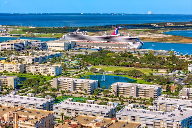 birds eye view of property featuring a water view