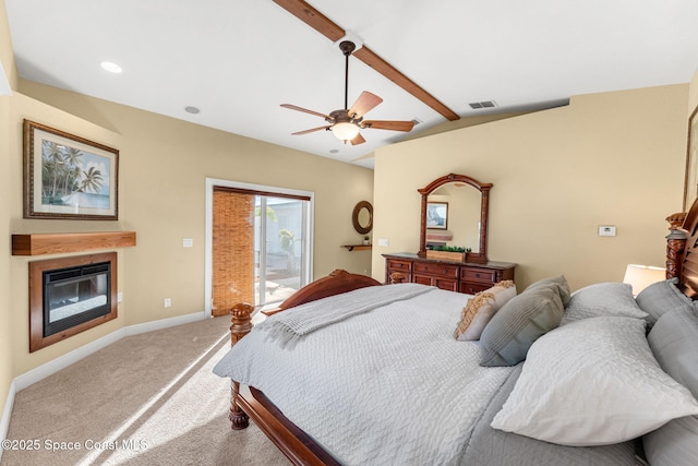 carpeted bedroom with vaulted ceiling with beams, access to outside, and ceiling fan