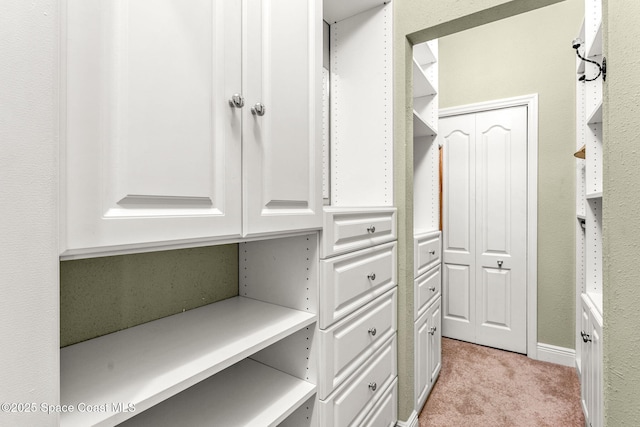 walk in closet featuring light colored carpet