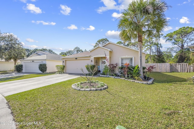 single story home with a garage and a front lawn