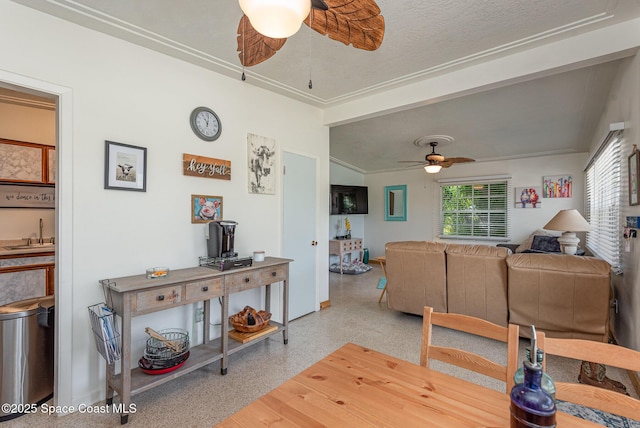 dining room featuring a textured ceiling, ceiling fan, and sink