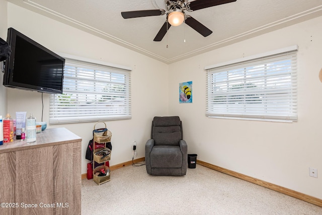 sitting room with ceiling fan and a healthy amount of sunlight