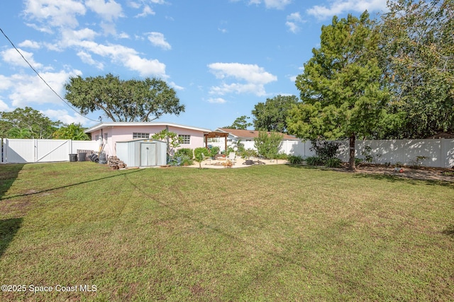 view of yard with a storage shed