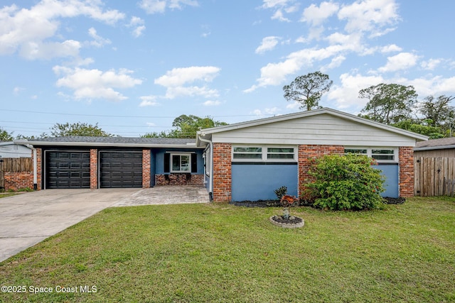 single story home with a front yard and a garage