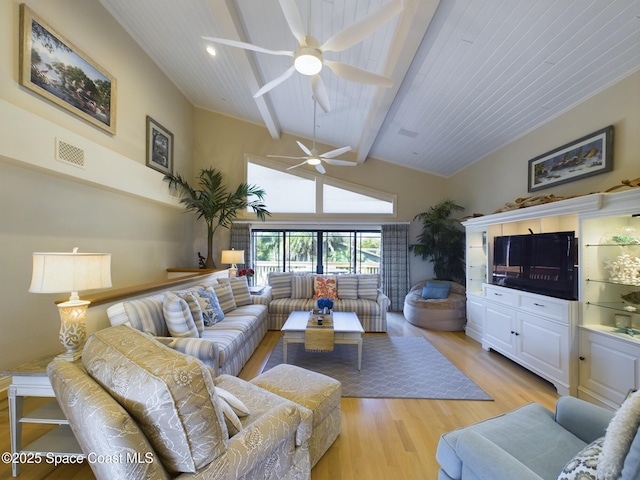 living room featuring light wood-type flooring, vaulted ceiling with beams, ceiling fan, and wood ceiling