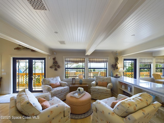 living room featuring beam ceiling, french doors, wood ceiling, and wood-type flooring