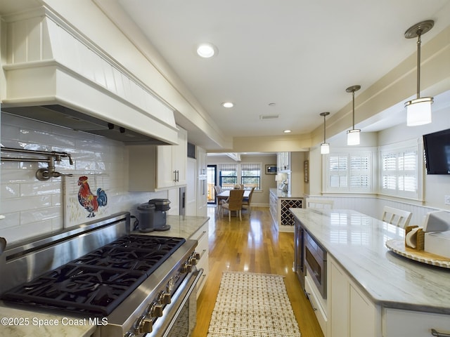 kitchen with decorative backsplash, premium range hood, light stone counters, stainless steel appliances, and white cabinets