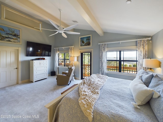 carpeted bedroom with vaulted ceiling with beams and ceiling fan