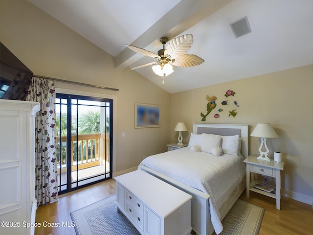 bedroom featuring access to exterior, lofted ceiling with beams, light hardwood / wood-style floors, and ceiling fan