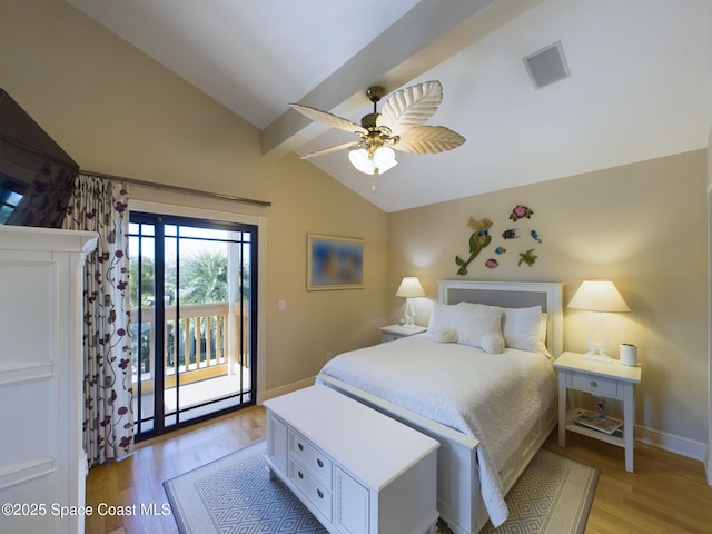 bedroom featuring vaulted ceiling with beams, ceiling fan, light wood-type flooring, and access to outside