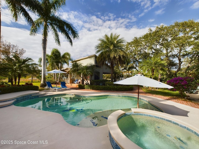 view of pool with an in ground hot tub and a patio