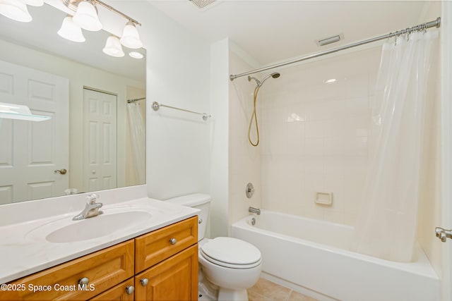 full bathroom featuring vanity, toilet, shower / bath combination with curtain, and tile patterned flooring