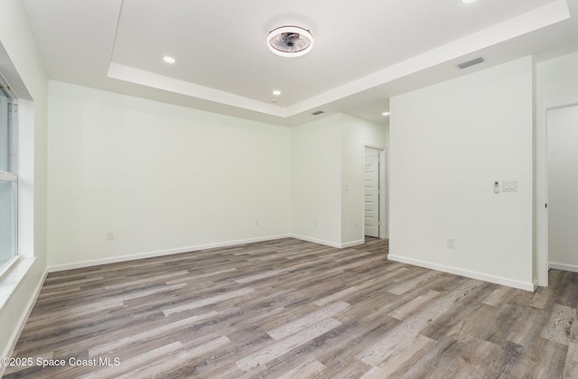 unfurnished room featuring a raised ceiling and light wood-type flooring