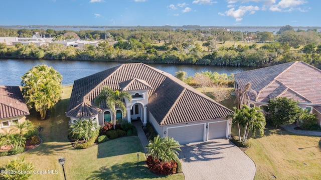 drone / aerial view featuring a water view