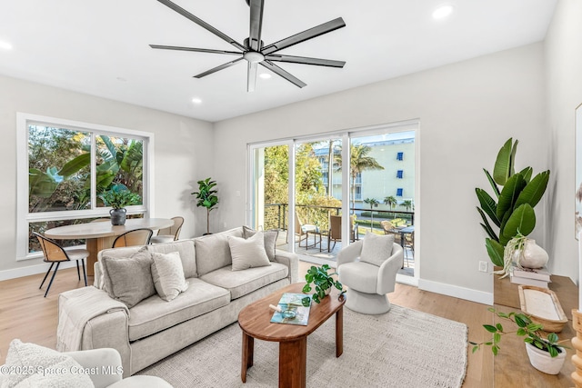 living room with ceiling fan and light hardwood / wood-style floors