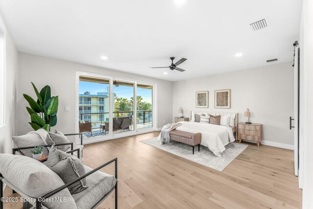 bedroom with ceiling fan, access to exterior, and light wood-type flooring