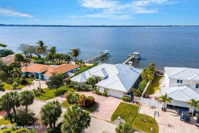 drone / aerial view featuring a water view