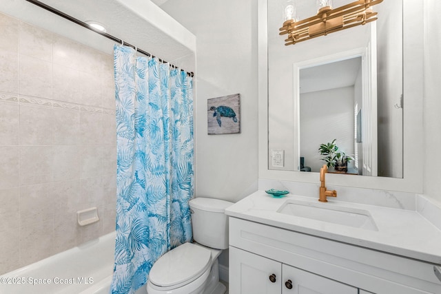 full bathroom featuring shower / tub combo with curtain, vanity, and toilet