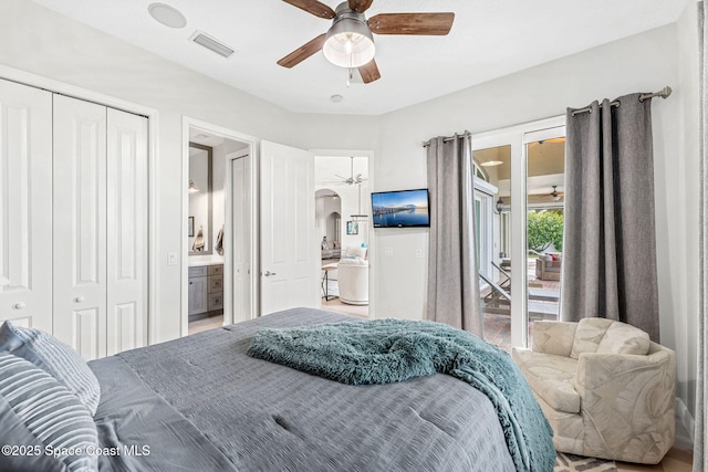 bedroom with connected bathroom and ceiling fan