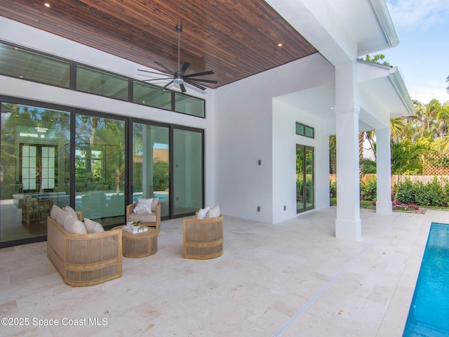 view of patio / terrace with fence, french doors, outdoor lounge area, a fenced in pool, and ceiling fan