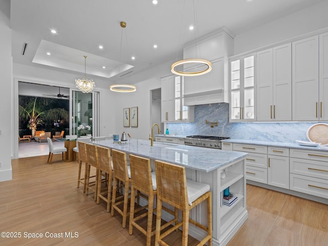 kitchen with a sink, a tray ceiling, a large island, and white cabinetry