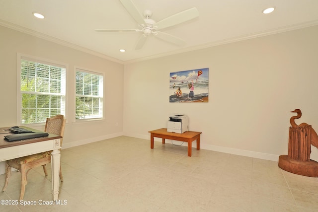 home office with crown molding and ceiling fan