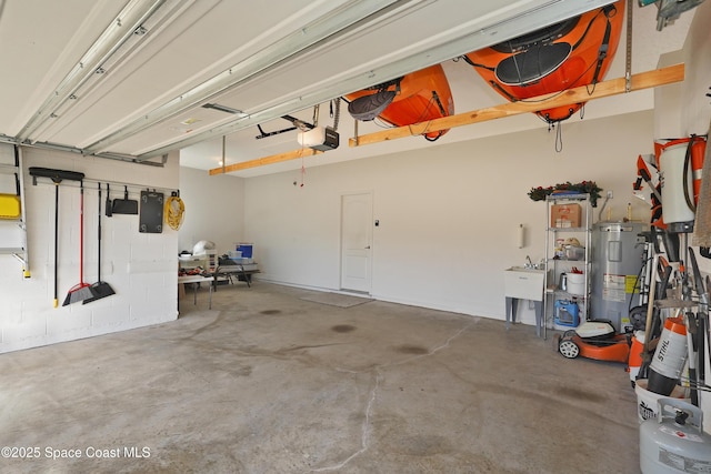 garage with electric panel, water heater, and a garage door opener