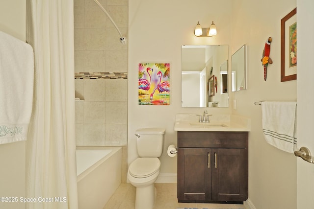 full bathroom with tile patterned flooring, shower / bath combo, vanity, and toilet