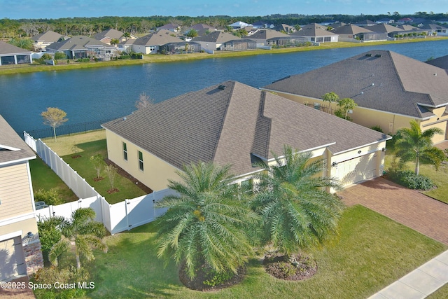 aerial view featuring a water view