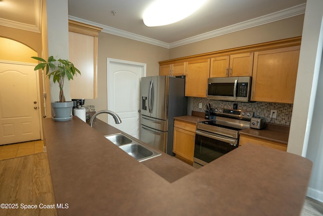 kitchen with crown molding, sink, stainless steel appliances, and tasteful backsplash