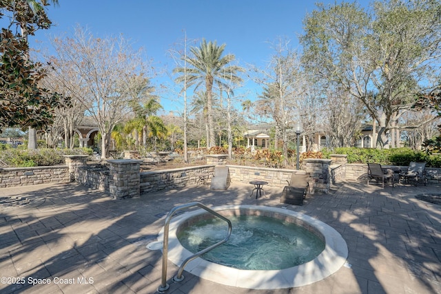 view of swimming pool featuring an in ground hot tub and a patio