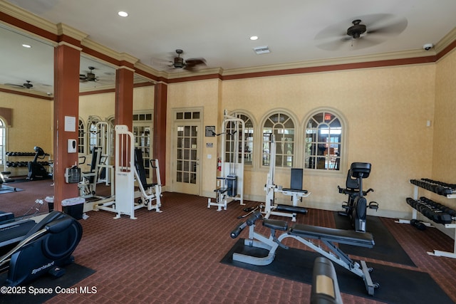 exercise room featuring crown molding, french doors, carpet, and ceiling fan