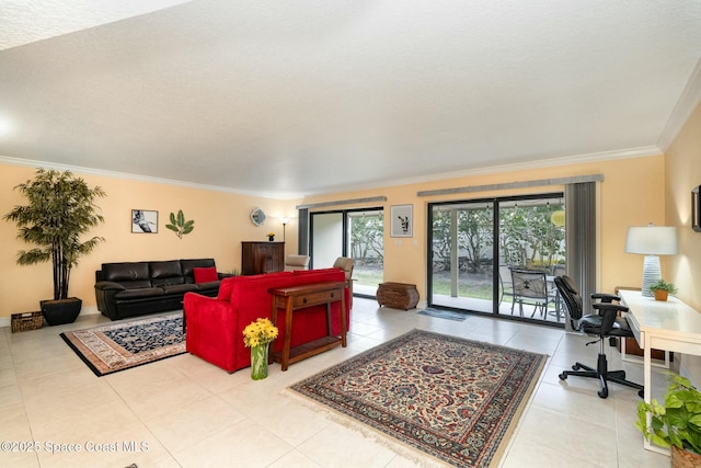 living room with light tile patterned floors and crown molding