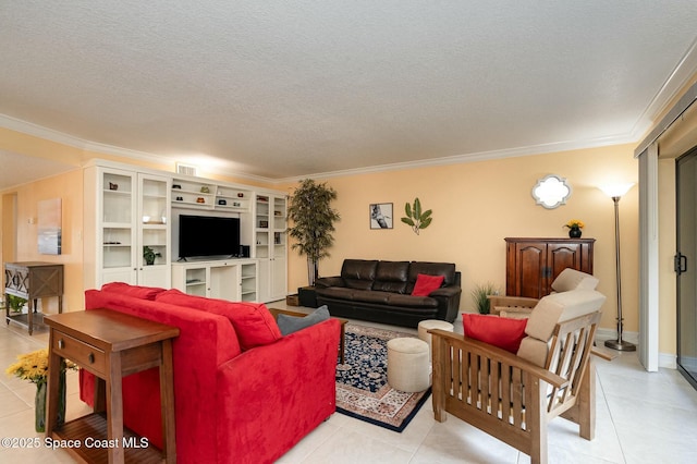 tiled living room featuring a textured ceiling and crown molding