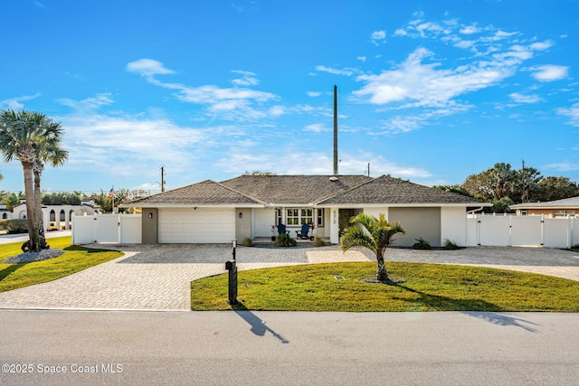 single story home featuring a garage and a front lawn