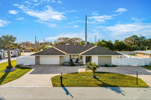 ranch-style house with a front yard and a garage