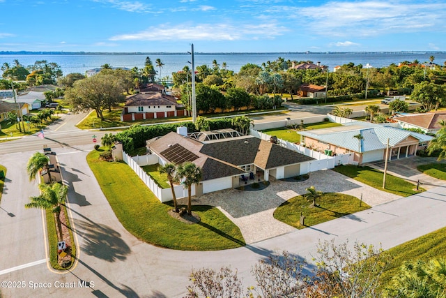 bird's eye view with a water view