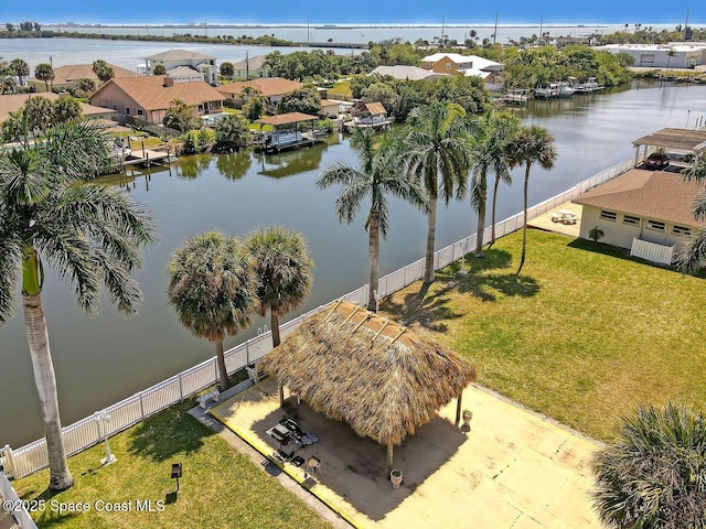 drone / aerial view with a water view