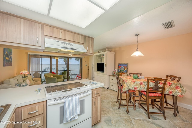 kitchen with white electric range, light brown cabinetry, pendant lighting, and range hood