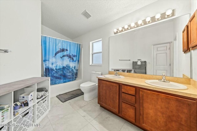 full bathroom with shower / bath combo, vanity, lofted ceiling, toilet, and a textured ceiling