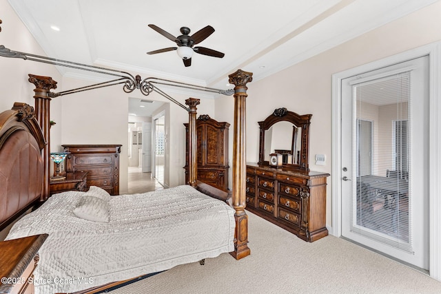 carpeted bedroom featuring connected bathroom, ornamental molding, and ceiling fan